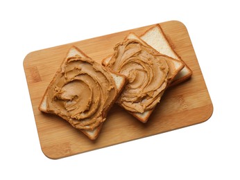 Photo of Tasty sandwiches with peanut butter isolated on white, top view