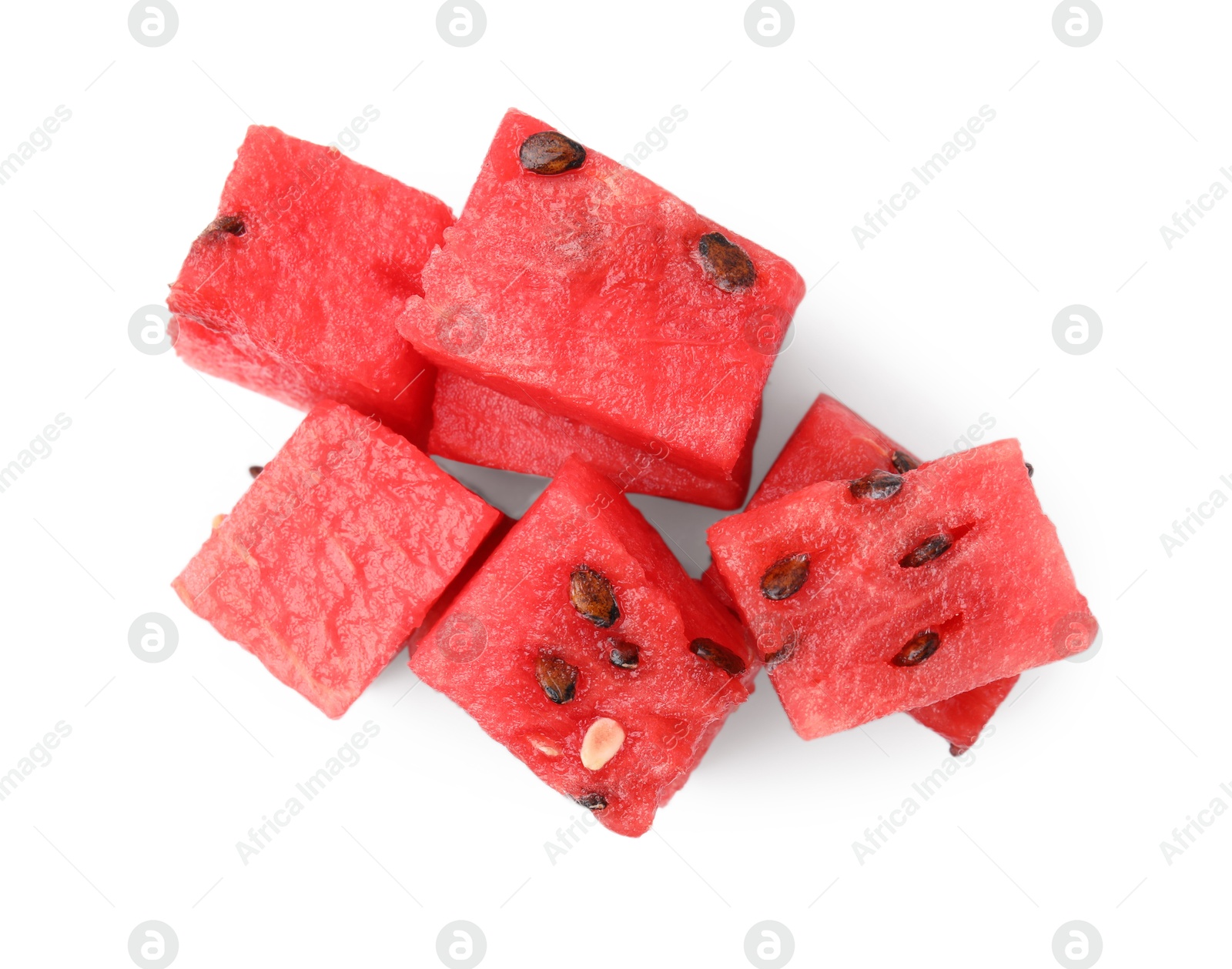 Photo of Pieces of tasty watermelon isolated on white, top view