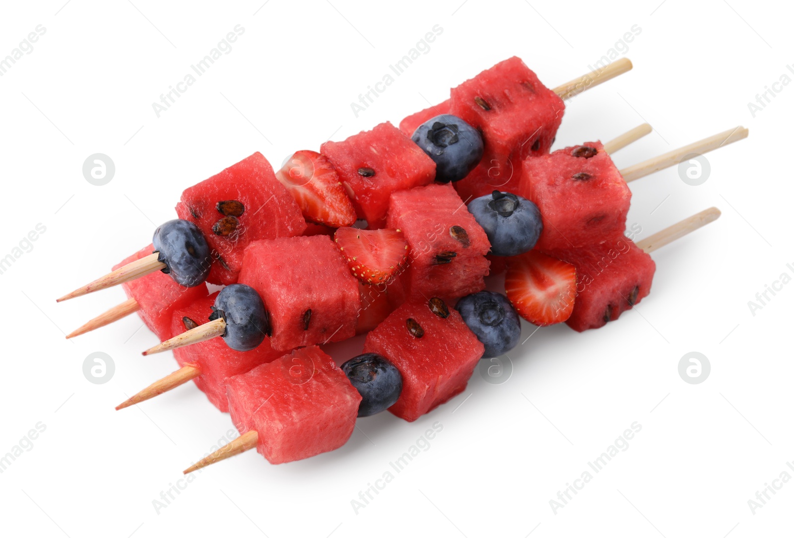 Photo of Skewers with tasty watermelon, blueberries and strawberries isolated on white