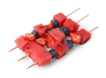 Photo of Skewers with tasty watermelon, blueberries and strawberries isolated on white