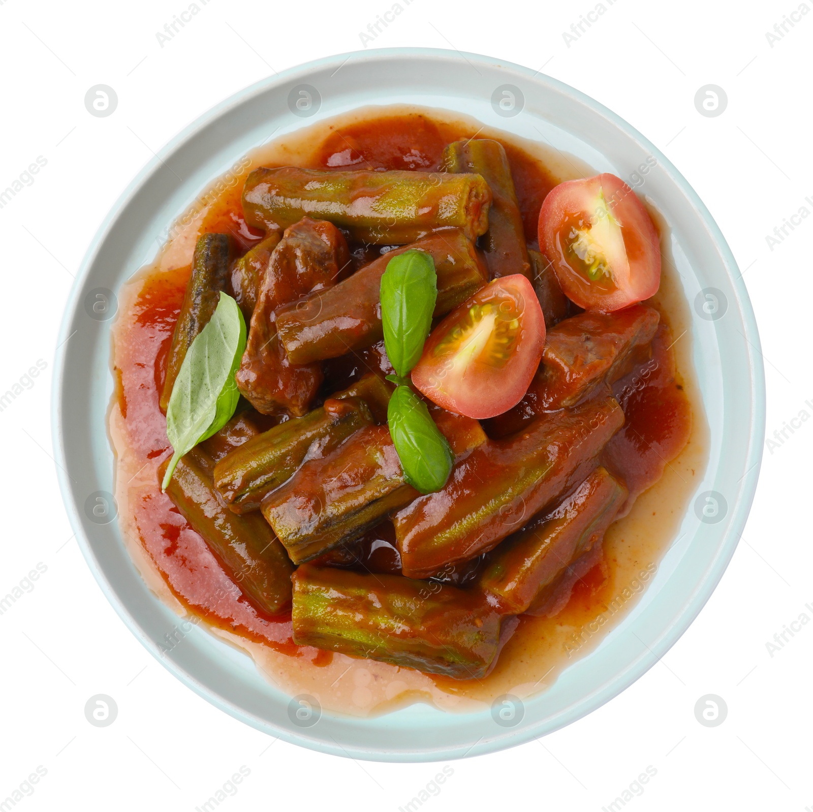 Photo of Tasty stew with okra, tomato sauce and basil isolated on white, top view