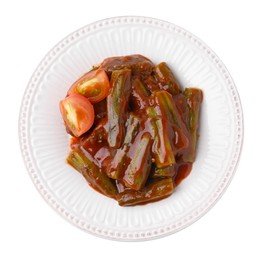 Photo of Tasty stew with okra and tomato sauce isolated on white, top view