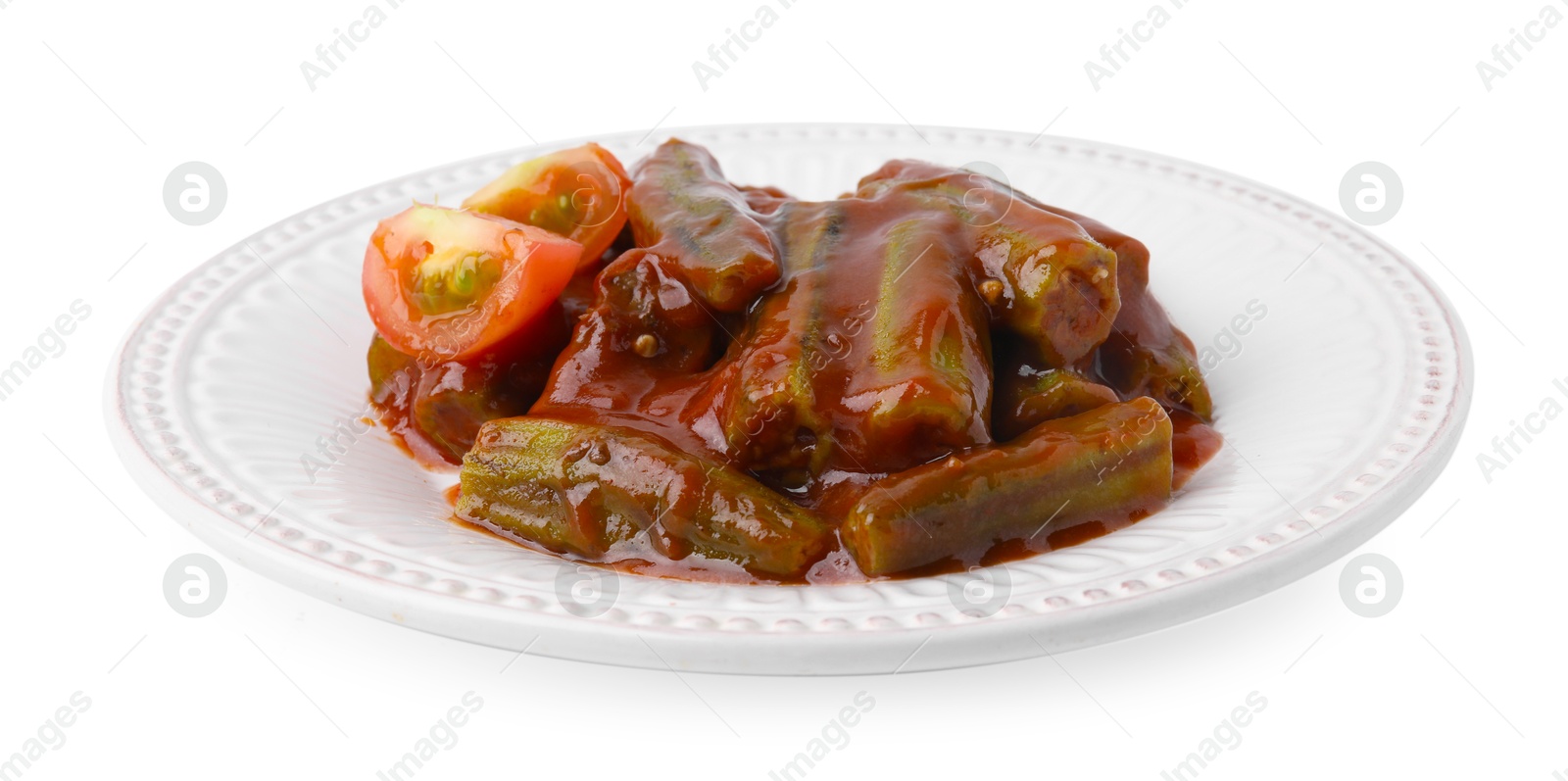 Photo of Tasty stew with okra and tomato sauce isolated on white