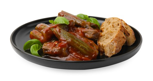 Photo of Tasty stew with okra, tomato sauce, bread and basil isolated on white