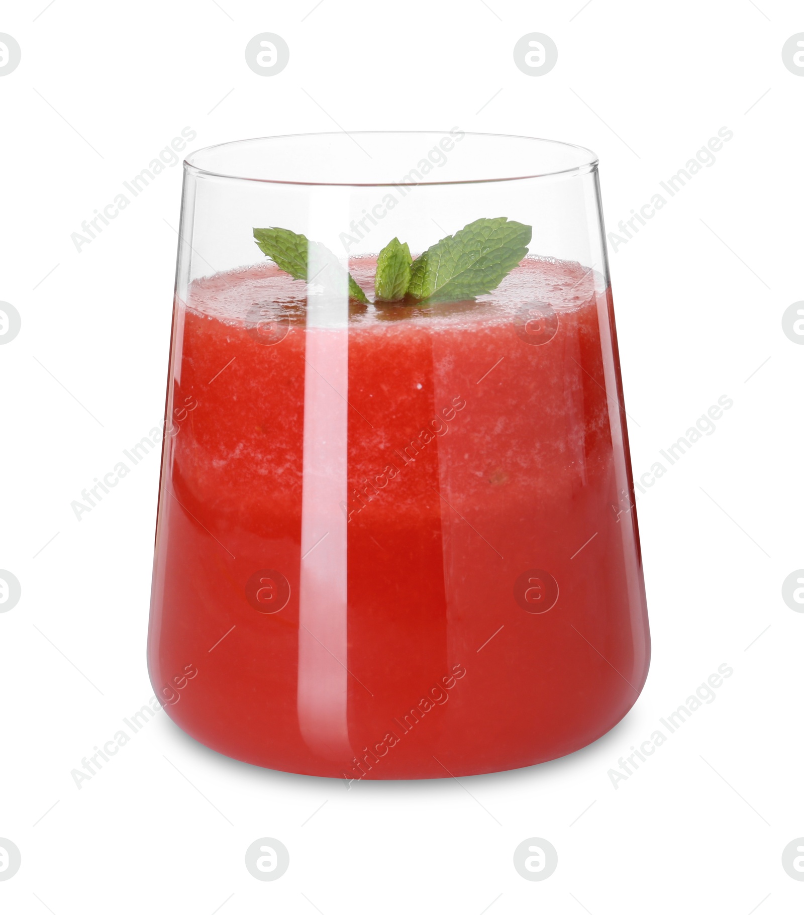 Photo of Tasty watermelon drink and mint in glass isolated on white