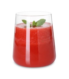 Photo of Tasty watermelon drink and mint in glass isolated on white