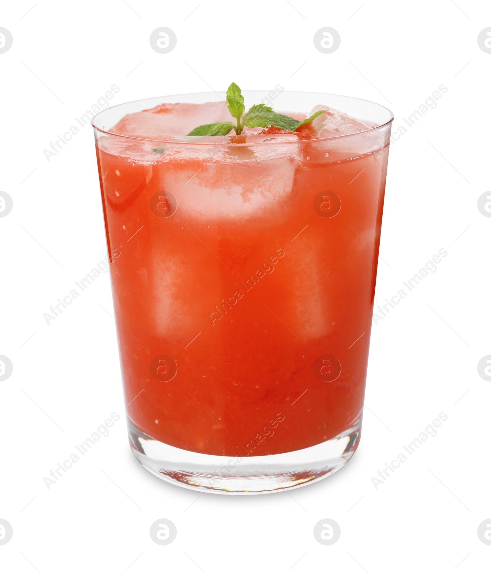 Photo of Tasty watermelon drink in glass and mint isolated on white