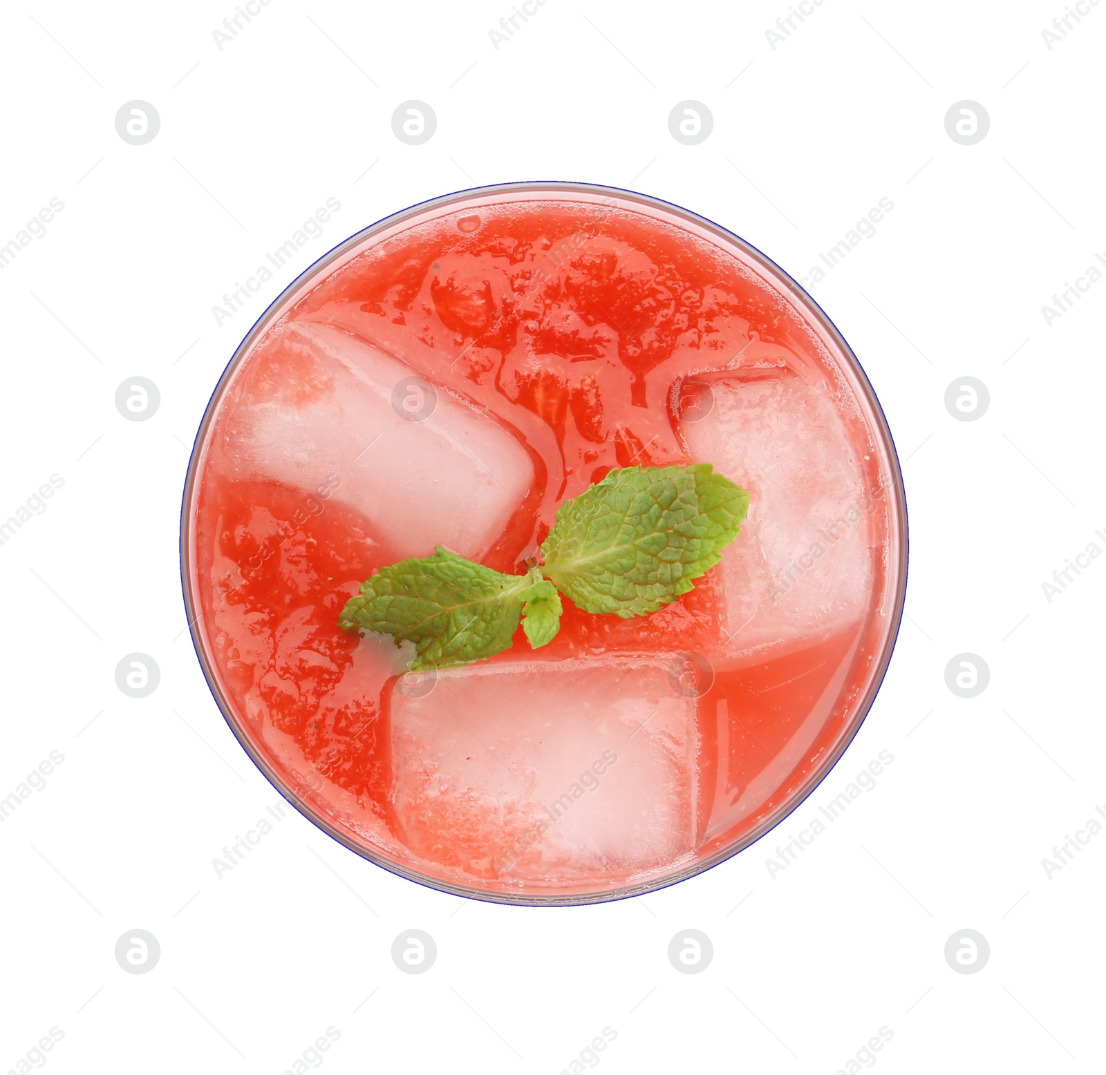 Photo of Tasty watermelon drink in glass and mint isolated on white, top view