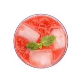 Photo of Tasty watermelon drink in glass and mint isolated on white, top view