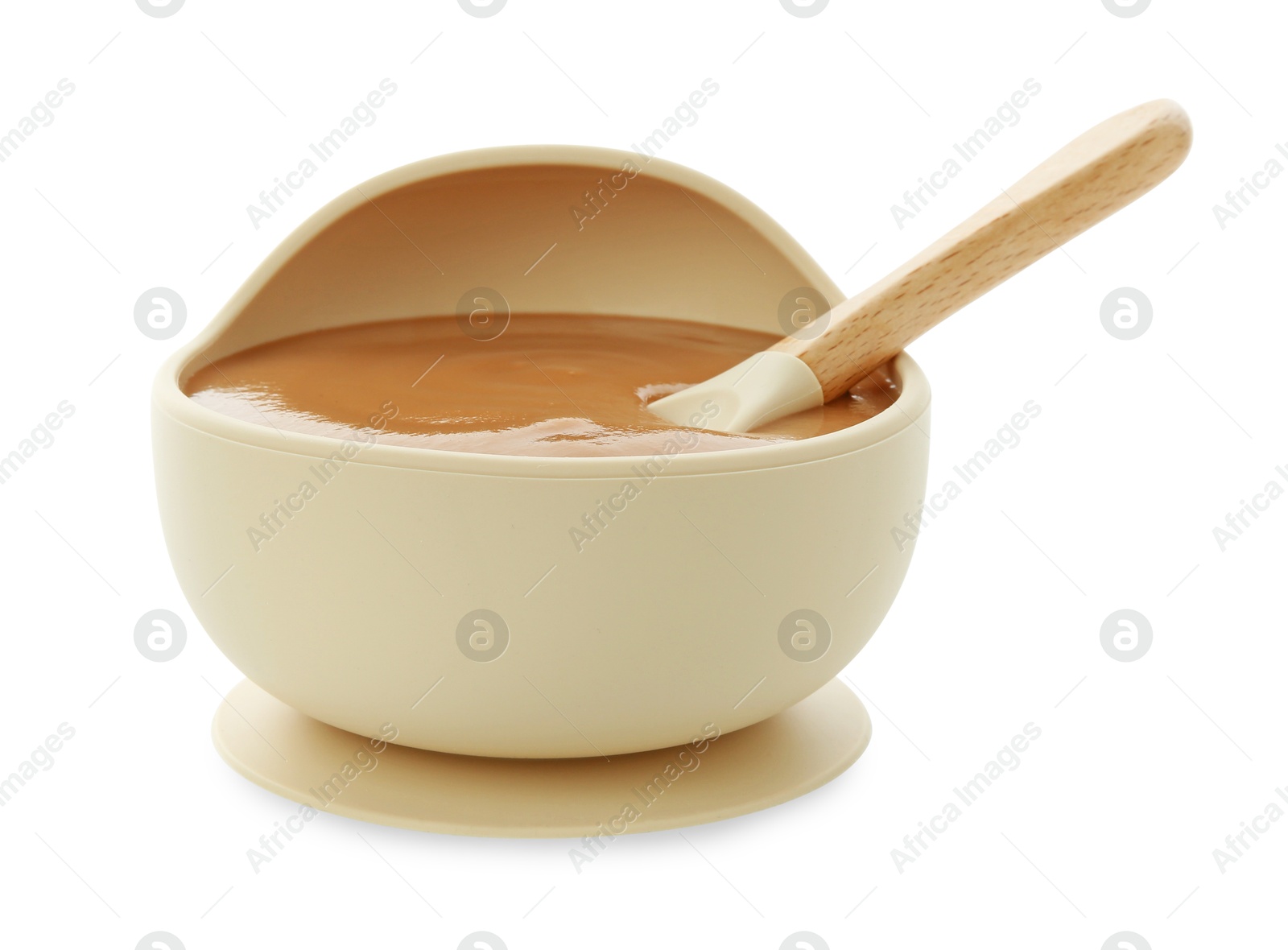 Photo of Tasty baby food and spoon in bowl isolated on white