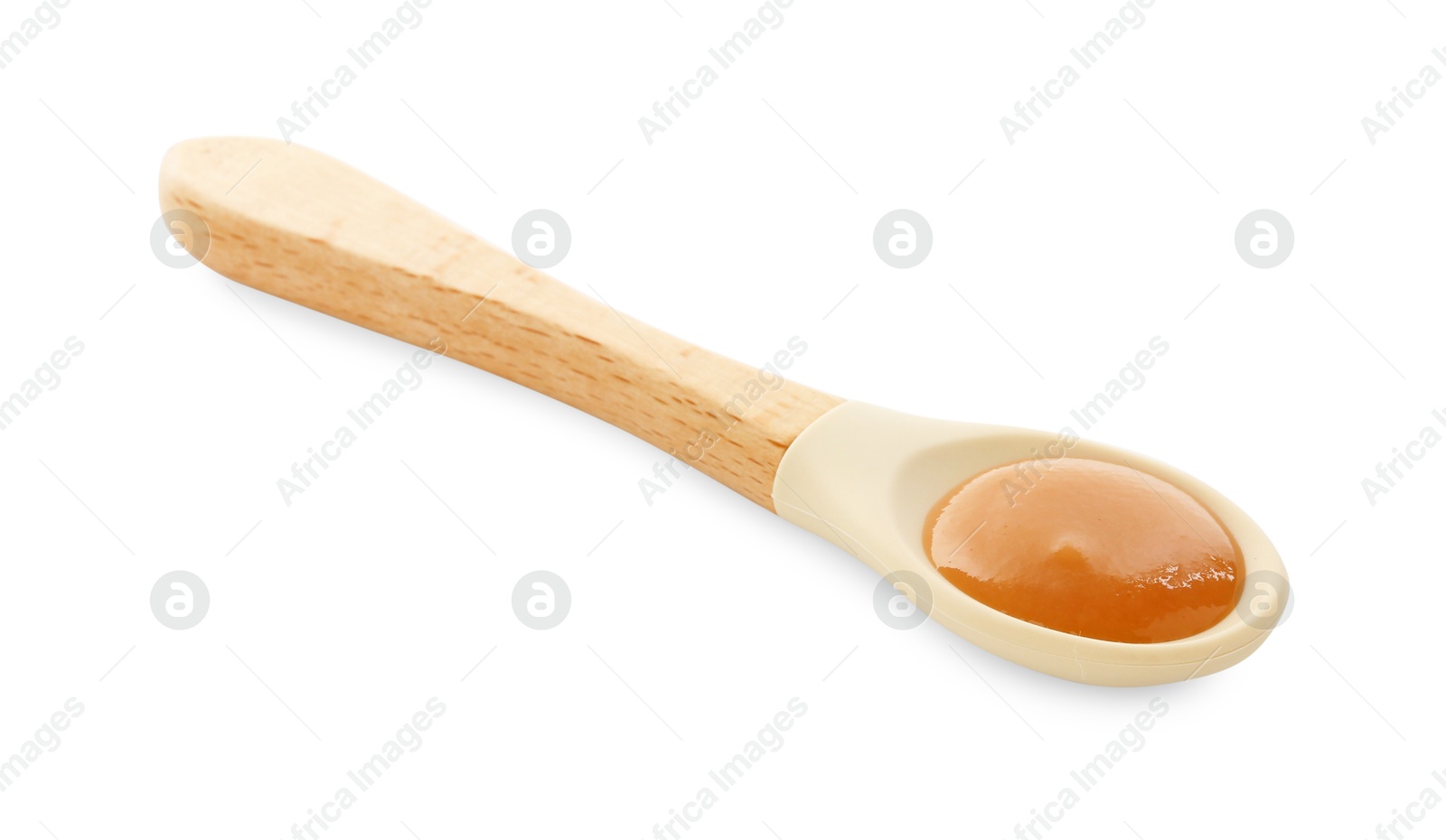 Photo of Spoon with tasty baby food isolated on white