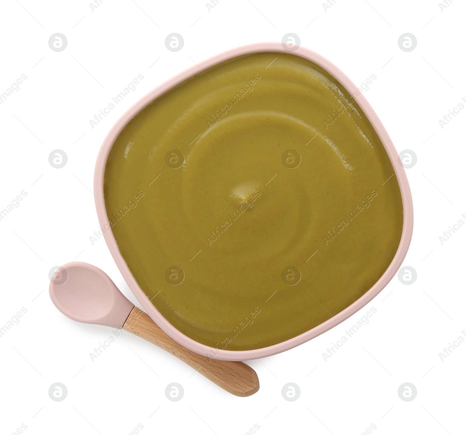 Photo of Tasty baby food and spoon isolated on white, top view