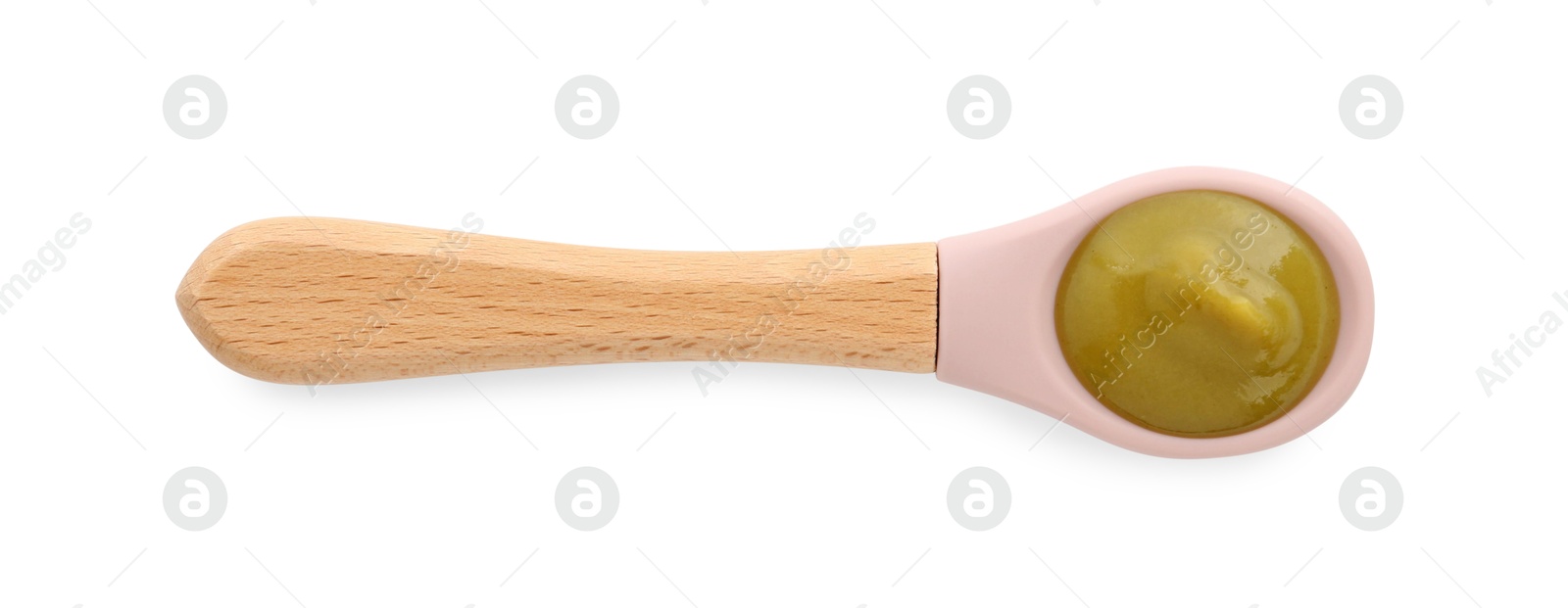 Photo of Spoon with tasty baby food isolated on white, top view