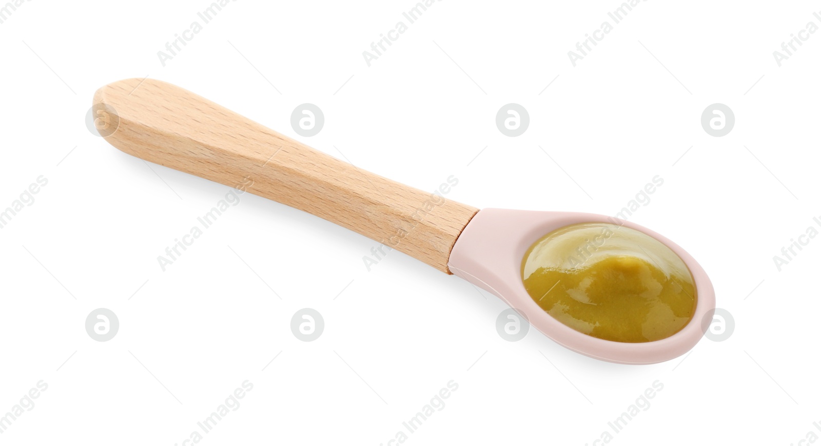 Photo of Spoon with tasty baby food isolated on white