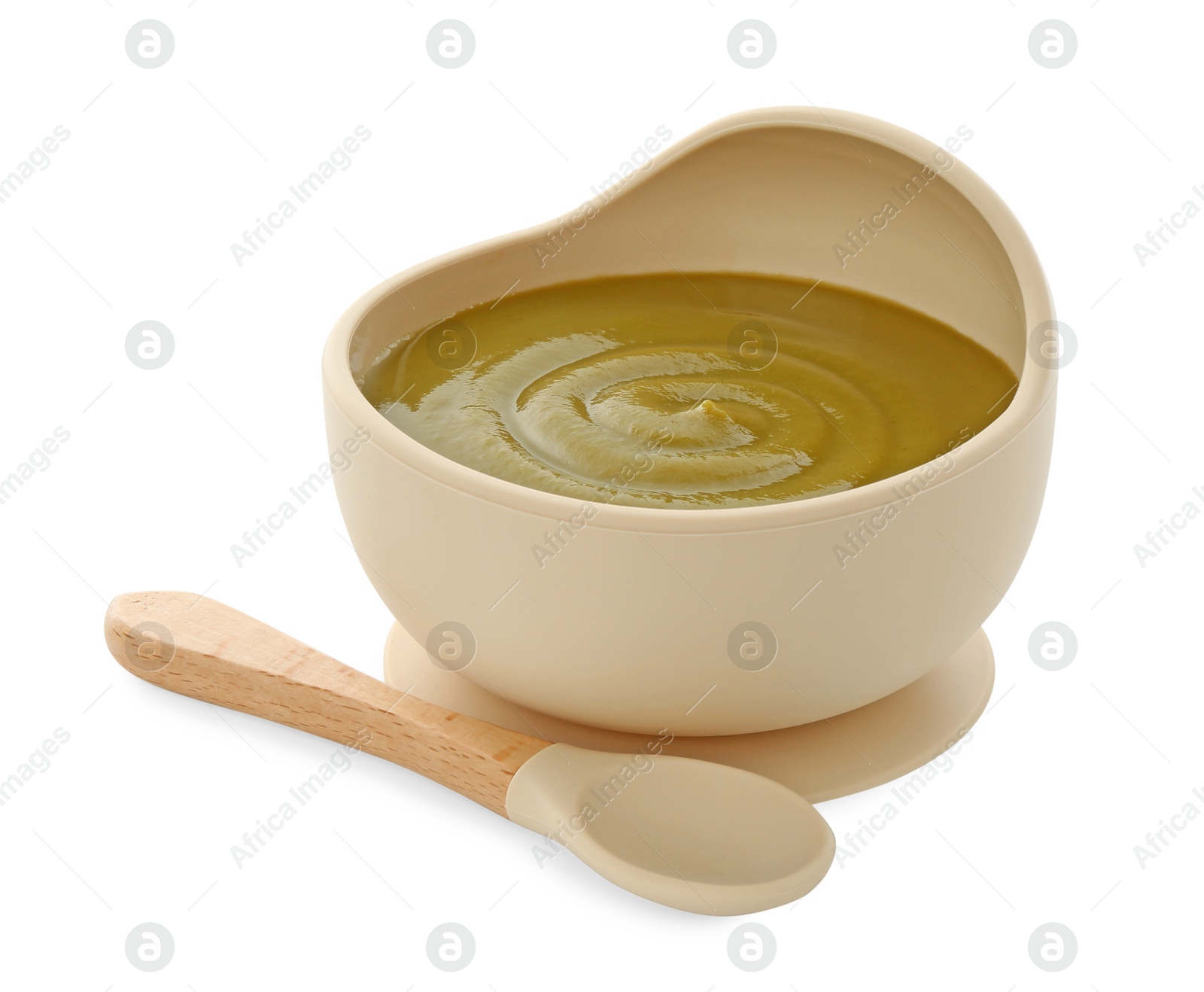 Photo of Tasty baby food in bowl and spoon isolated on white