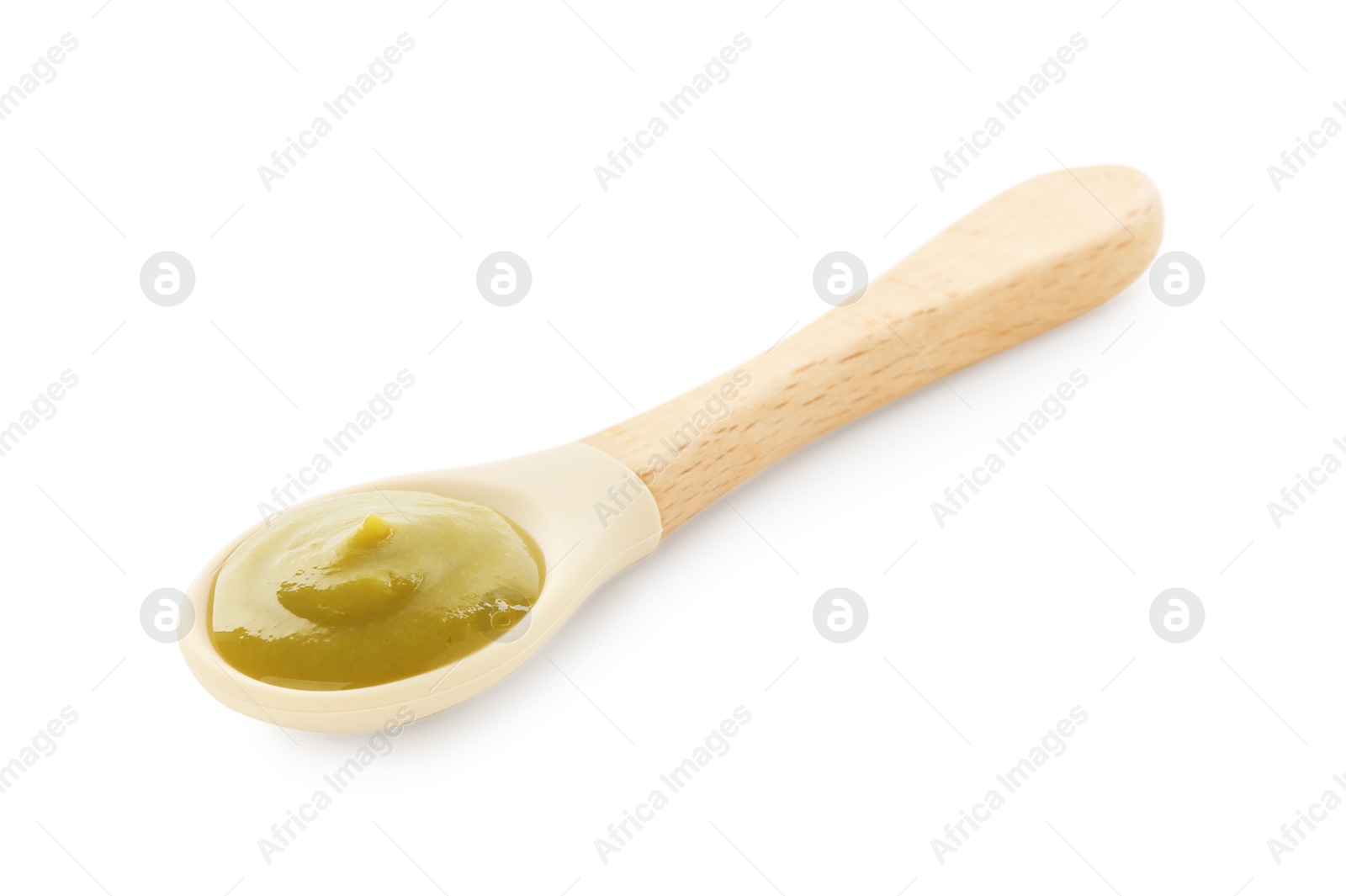 Photo of Spoon with tasty baby food isolated on white