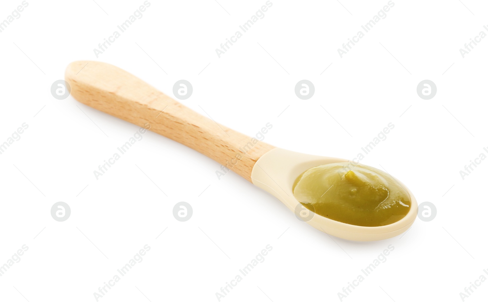 Photo of Spoon with tasty baby food isolated on white