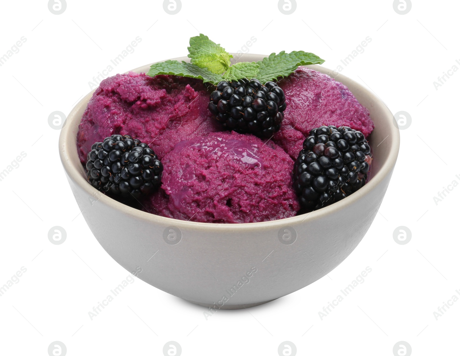 Photo of Delicious blackberry sorbet, fresh berries and mint in bowl isolated on white