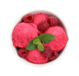 Photo of Delicious raspberry sorbet, fresh berries and mint in bowl isolated on white, top view