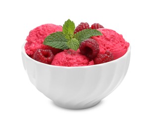 Photo of Delicious raspberry sorbet, fresh berries and mint in bowl isolated on white