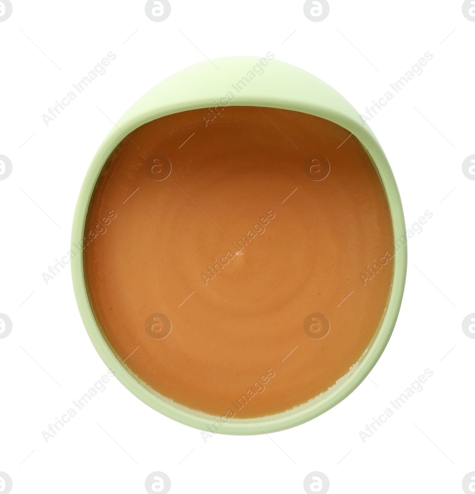 Photo of Delicious baby food in bowl isolated on white, top view