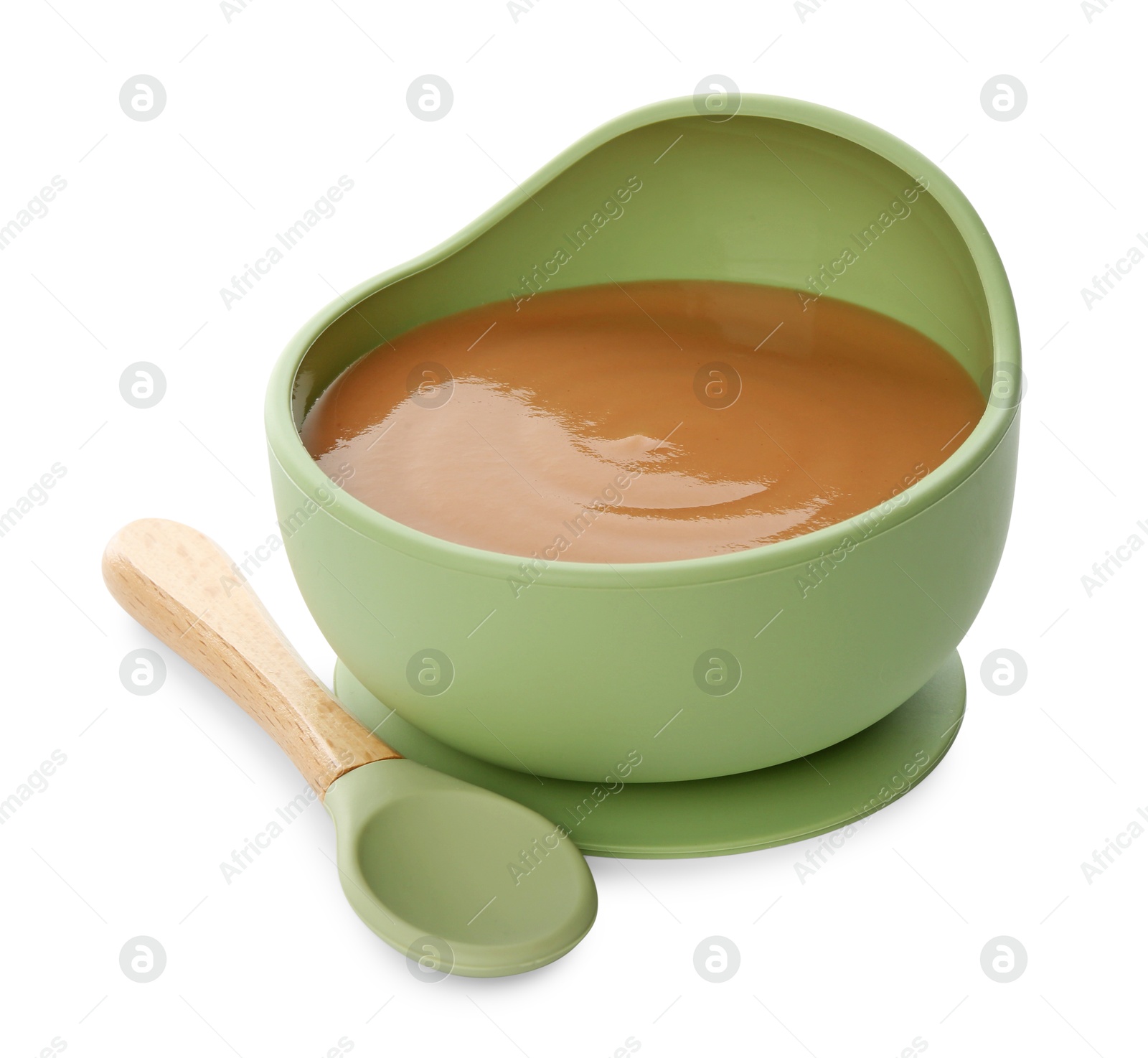 Photo of Delicious baby food in bowl and spoon isolated on white