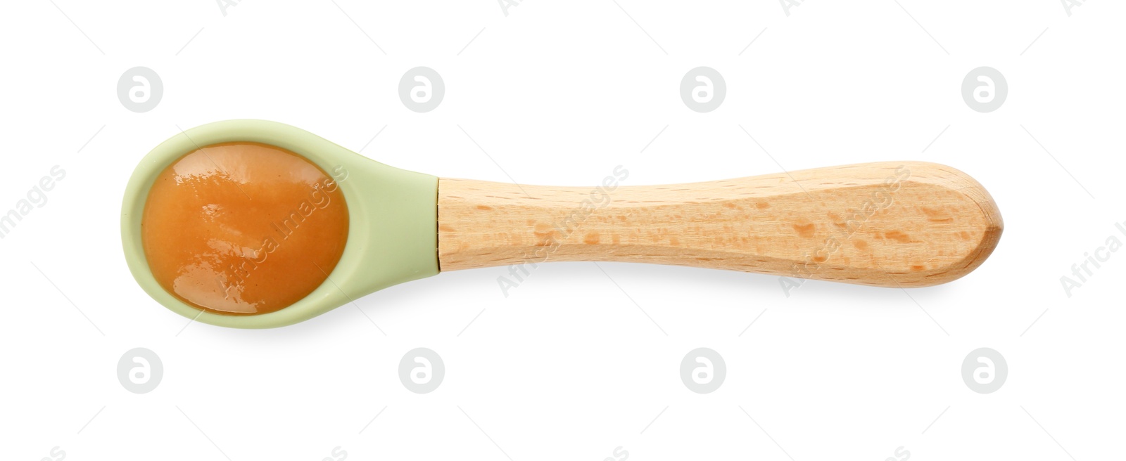 Photo of Delicious baby food in spoon isolated on white, top view