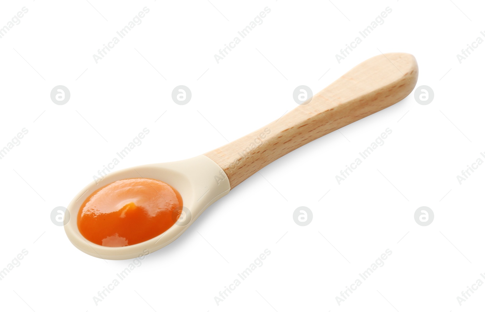 Photo of Delicious baby food in spoon isolated on white