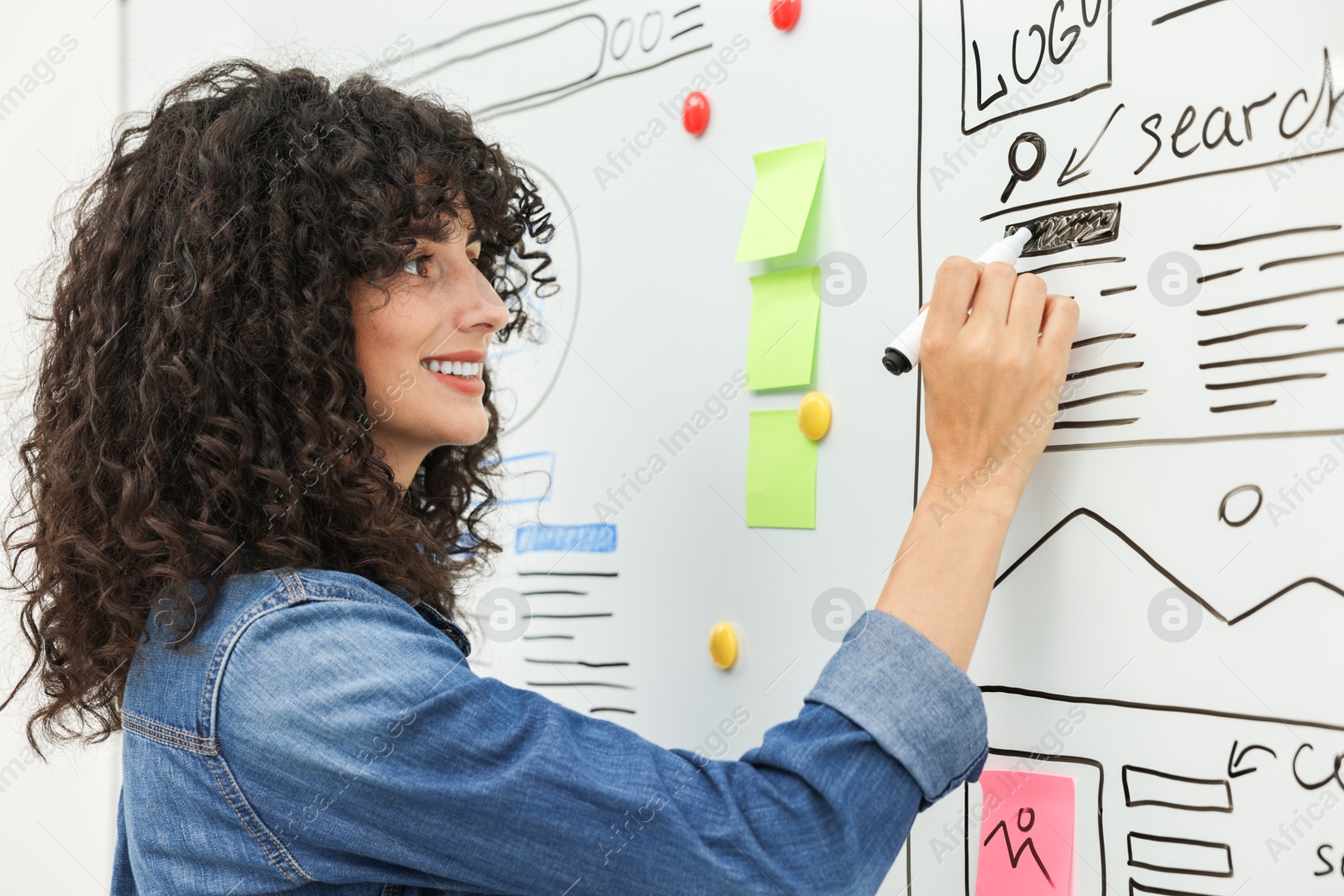 Photo of Developing UI design. Woman drawing website wireframe on whiteboard indoors