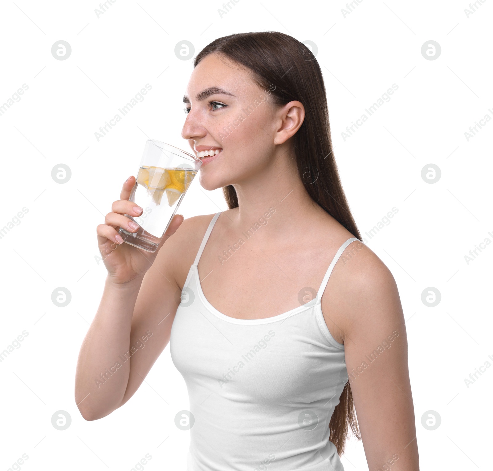 Photo of Woman drinking water with lemon on white background