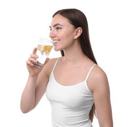 Photo of Woman drinking water with lemon on white background