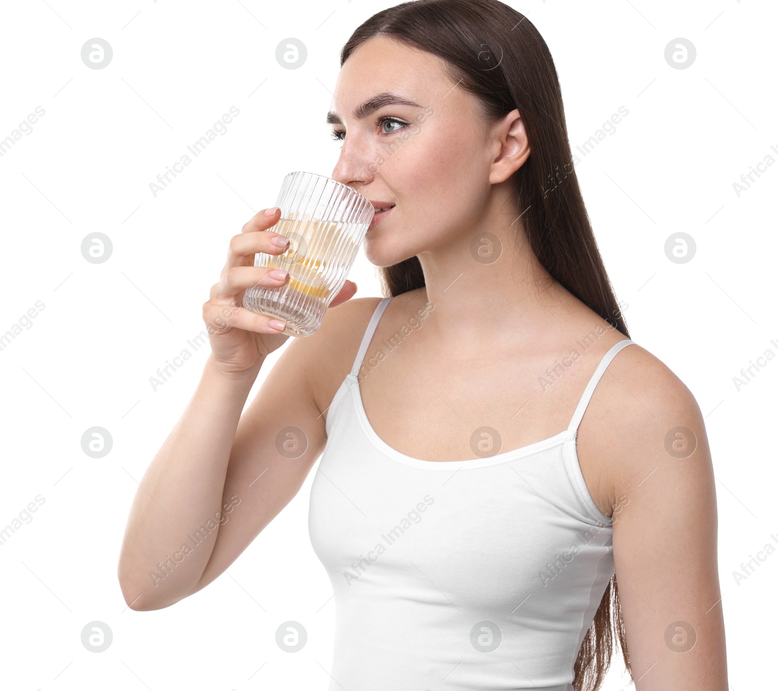 Photo of Woman drinking water with lemon on white background