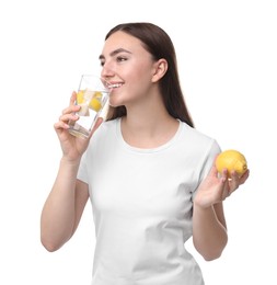 Photo of Woman drinking water with lemon on white background