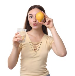 Photo of Woman with glass of lemon water and fruit on white background