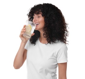 Woman drinking water with lemon on white background