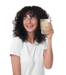 Photo of Woman with glass of lemon water on white background