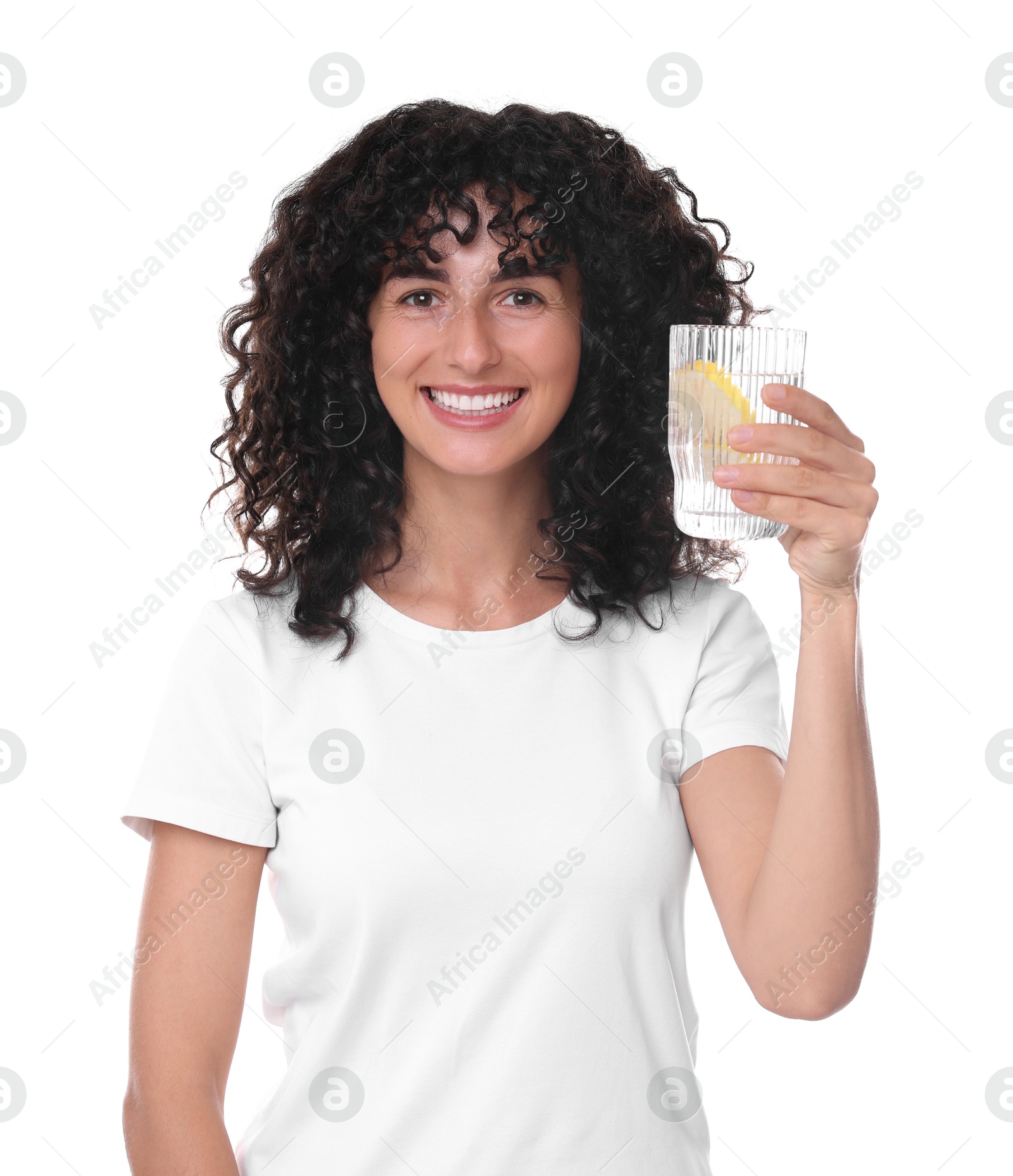 Photo of Woman with glass of lemon water on white background