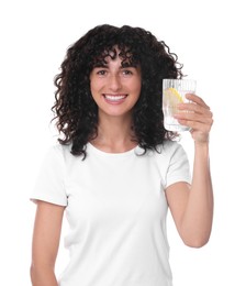 Woman with glass of lemon water on white background