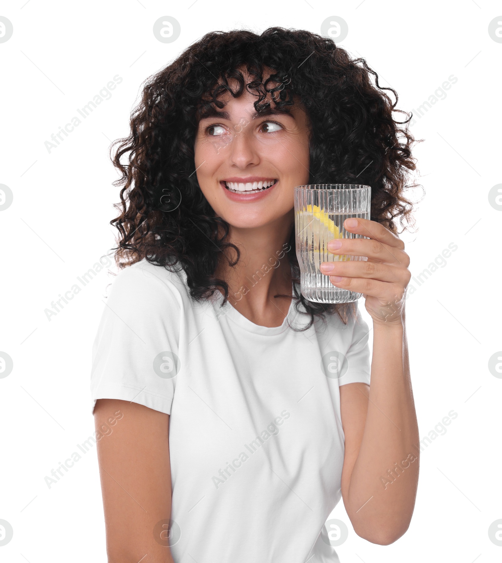 Photo of Woman with glass of lemon water on white background