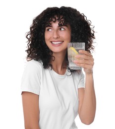 Photo of Woman with glass of lemon water on white background