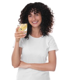 Photo of Woman with glass of lemon water on white background