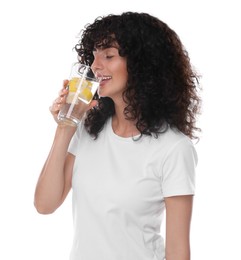 Photo of Woman drinking water with lemon on white background