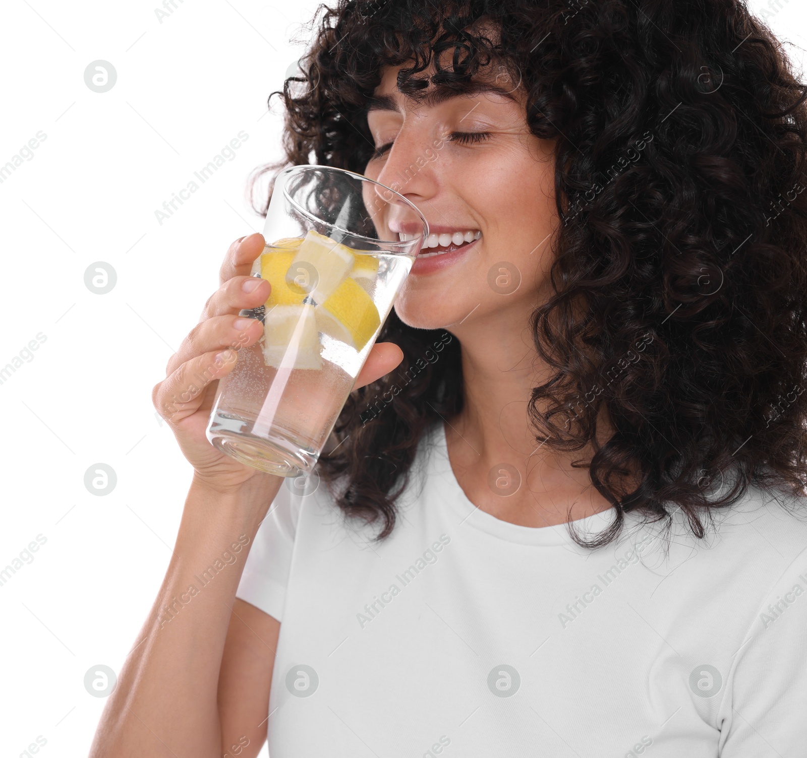 Photo of Woman drinking water with lemon on white background