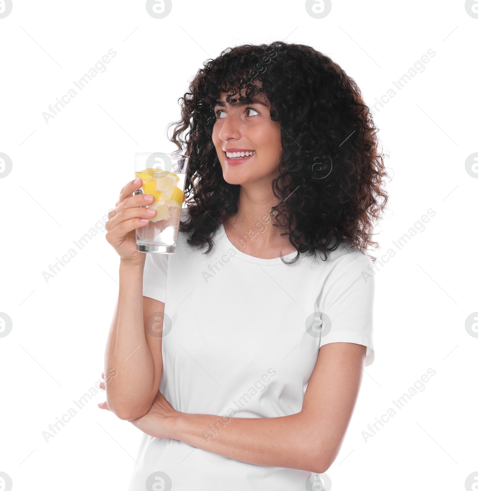 Photo of Woman with glass of lemon water on white background