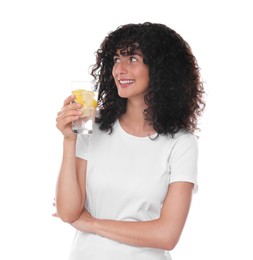 Woman with glass of lemon water on white background