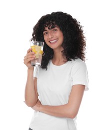 Photo of Woman with glass of lemon water on white background