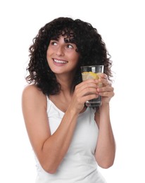 Photo of Woman with glass of lemon water on white background