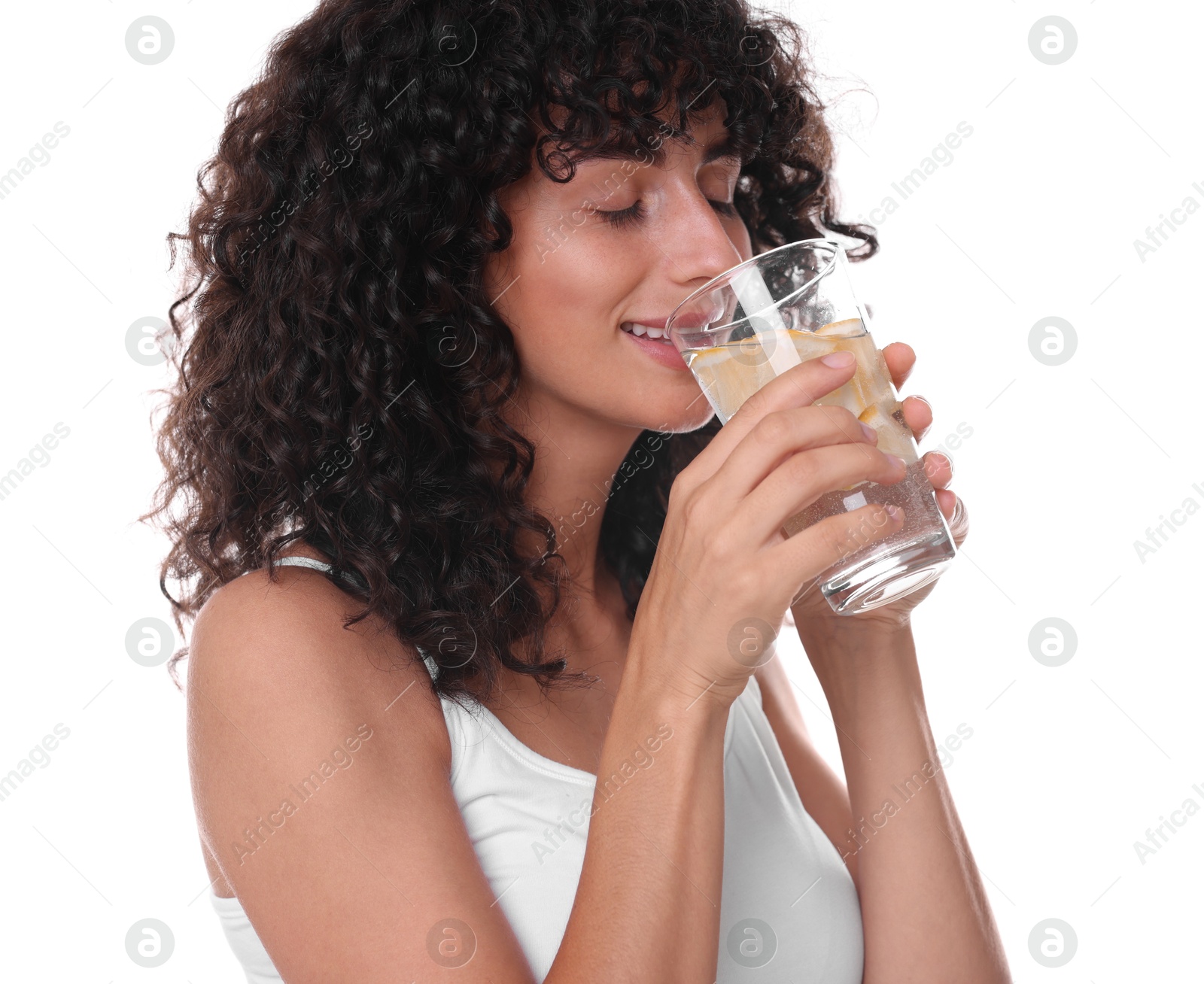 Photo of Woman drinking water with lemon on white background