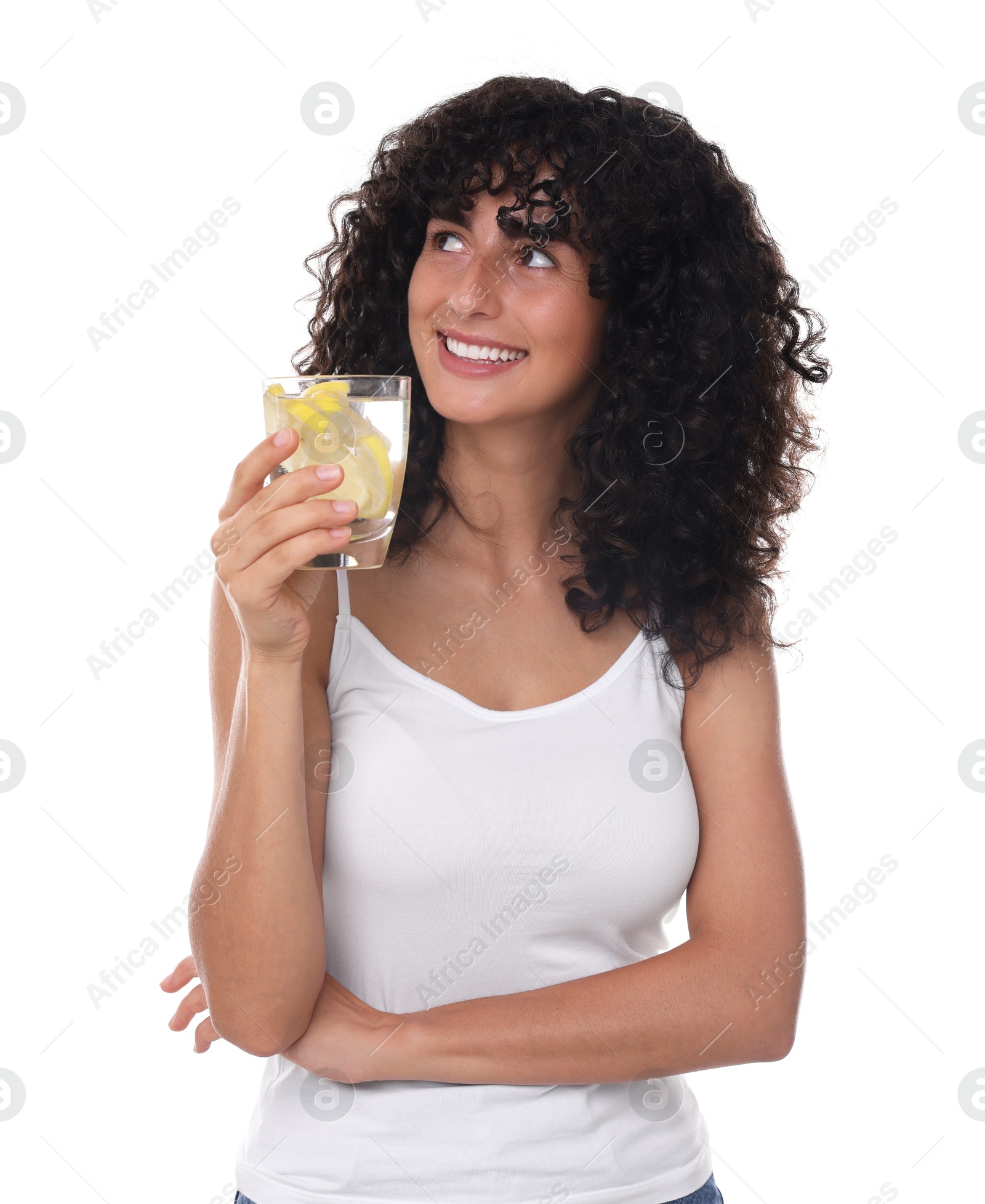 Photo of Woman with glass of lemon water on white background