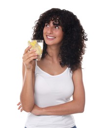 Woman with glass of lemon water on white background